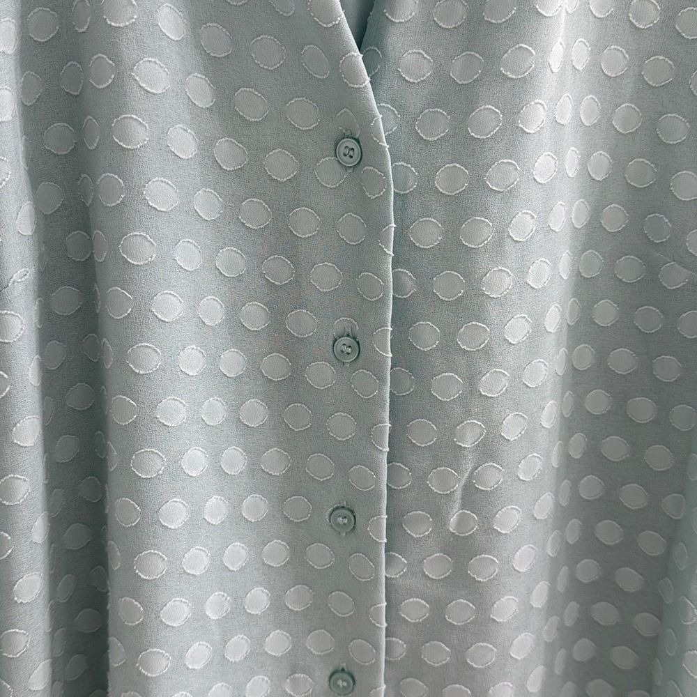 Ann Taylor Seafoam Green Clip Dot Ruffle Neck Button Blouse Petite Small SP - Picture 3 of 6